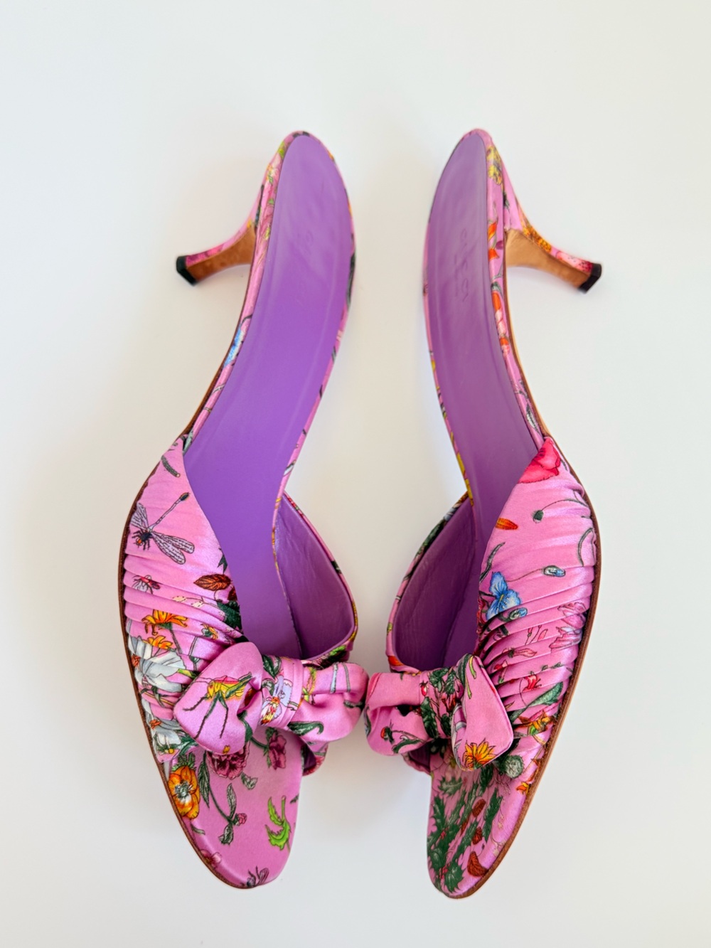 Gucci Flora Satin Bow Mule Heels Pink Cyclamen Floral Sandals US 10 Vintage Y2K - Picture 3 of 9